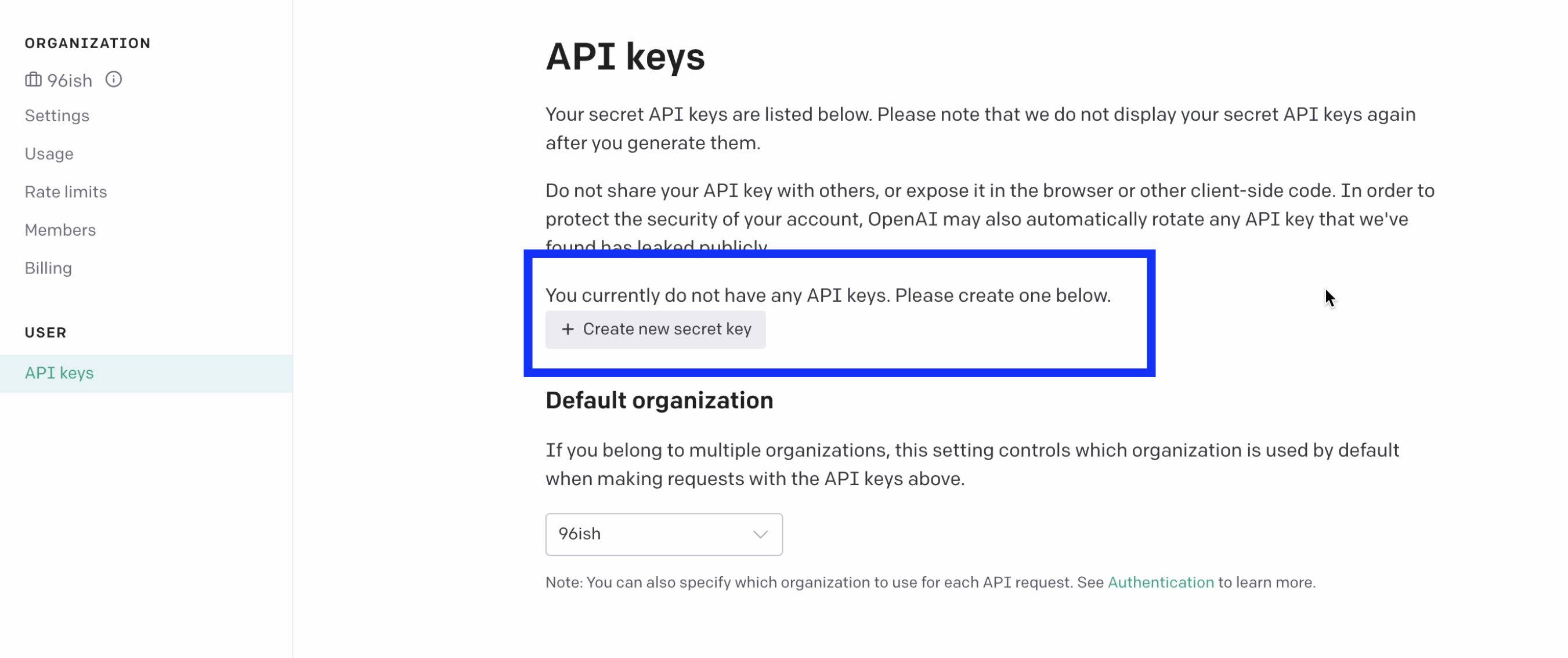 OpenAI ChatGPT API Keysページに行くので「＋Create new secret key」をクリック